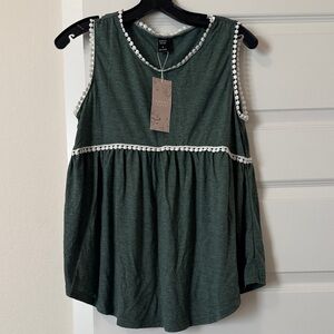 Emery Rose Dark Green Sleeveless Blouse with White Trim